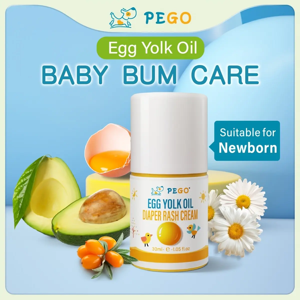 Pego Baby Butt Balm, Butt Cream Diaper Rash, Gentle Skin Protection, Soothes Redness, Natural Care for Newborns, Infants, Toddlers, 30ML/1.05oz