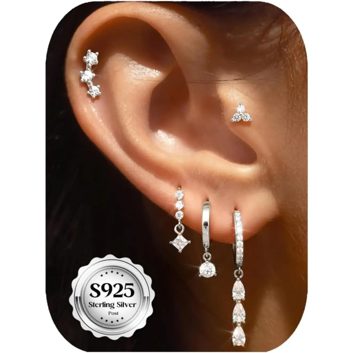 Jstyle 5Pairs 925 Sterling Silver Earrings for Women, 14K Gold Plated Stud Huggie Hoop Earrings Sets for Multiple Piercing, Hypoallergenic Cartilage Earring Stacks CZ Pearl Dangle Earrings for Women Trendy Jewelry Gift Summer Wins
