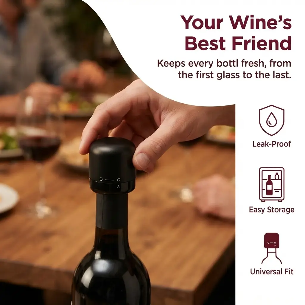 Twist‑to‑Seal Silicone Wine Stopper, 1 Pack Reusable Leak‑Proof Wine Bottle Topper, Air‑Tight Seal Keeps Opened Wine Fresh Longer, Black