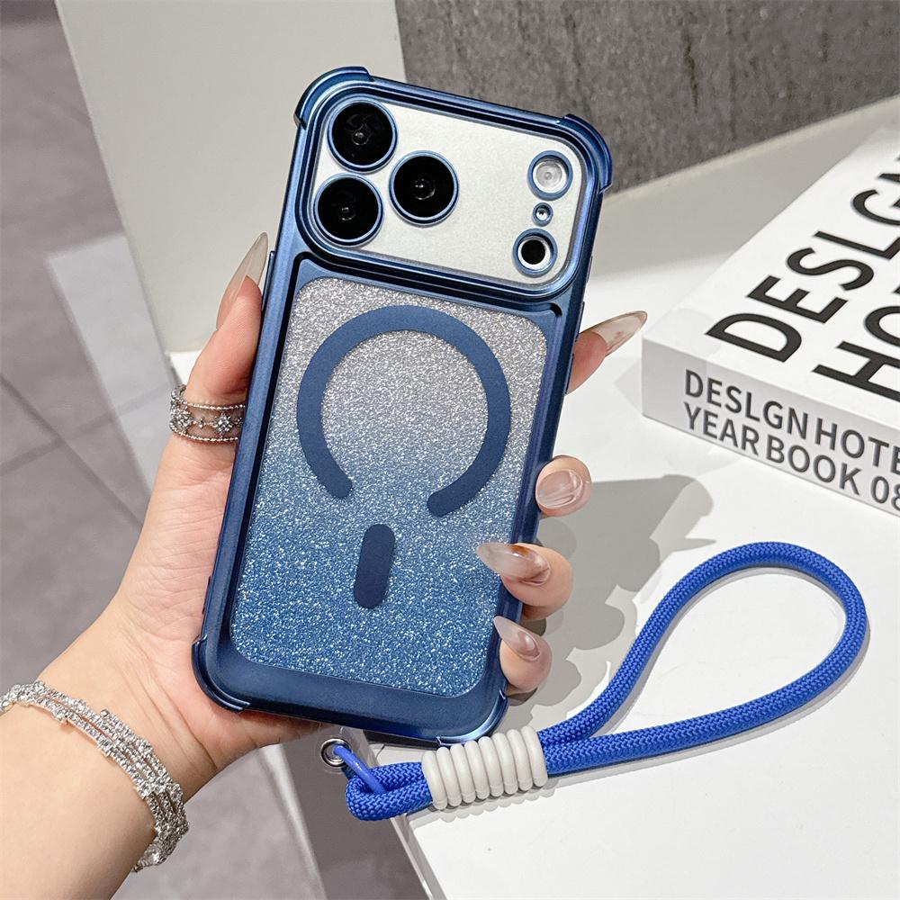 Luxury Wrist Strap Glitter Lanyard Phone Case For iPhone 17 Air 16 15 14 13 Pro Max For Magsafe Wireless Charging Armor Cover
