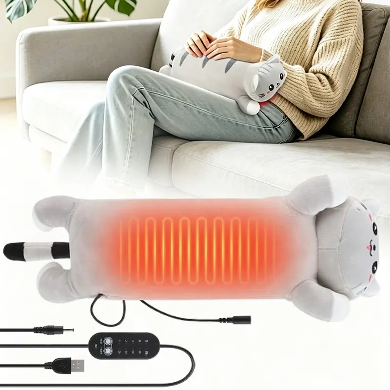 Cat Heating Pillow, 5-Temperature Settings, 5-Timer, USB Heated Pad for Menstrual Period Cramps, Hand Warmer Plush Funny Gift for Girl