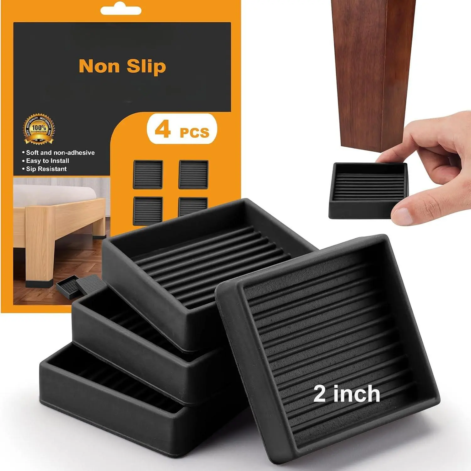 Non Slip Rubber Furniture Pads 2 inch 4 count, Couch Bed Stoppers to  Sliding, Furniture Coasters, Non Skid Furniture Grippers for Hardwood Floors Black Square