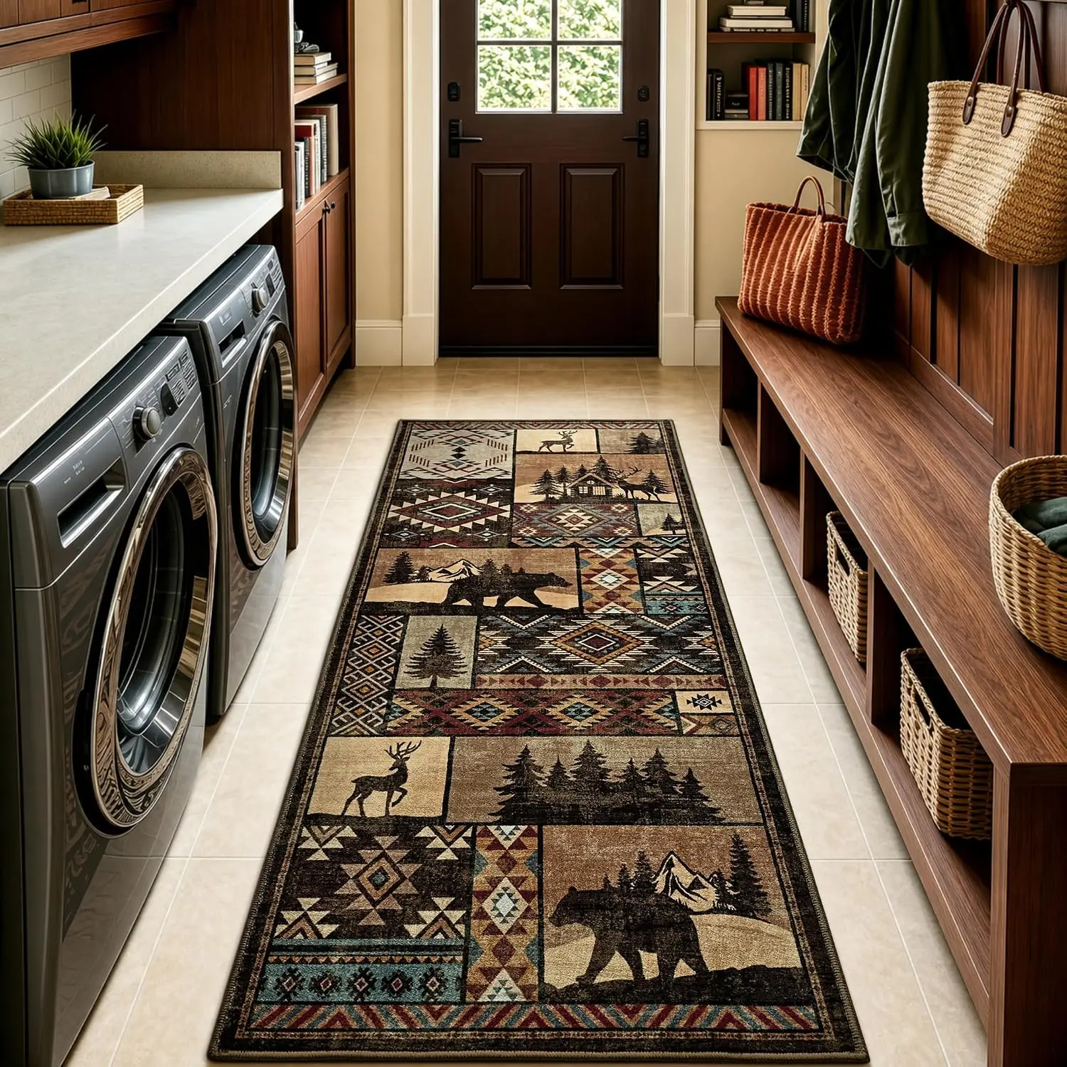 Runner Rug 2x5  Rugs Runner for Hallway Entryway,Brown | Washable,Non Slip,Low Pile Rustic Cabin Runner Rug,Southwestern  Rugs for Bedroom Kitchen Laundry
