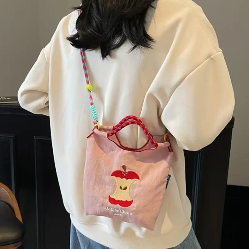 Apple Seed Embroidered Mini Tote Bag, Cute Colorful Drawstring Shoulder Crossbody Bag, Korean Soft Cutie Casual Small Backpack