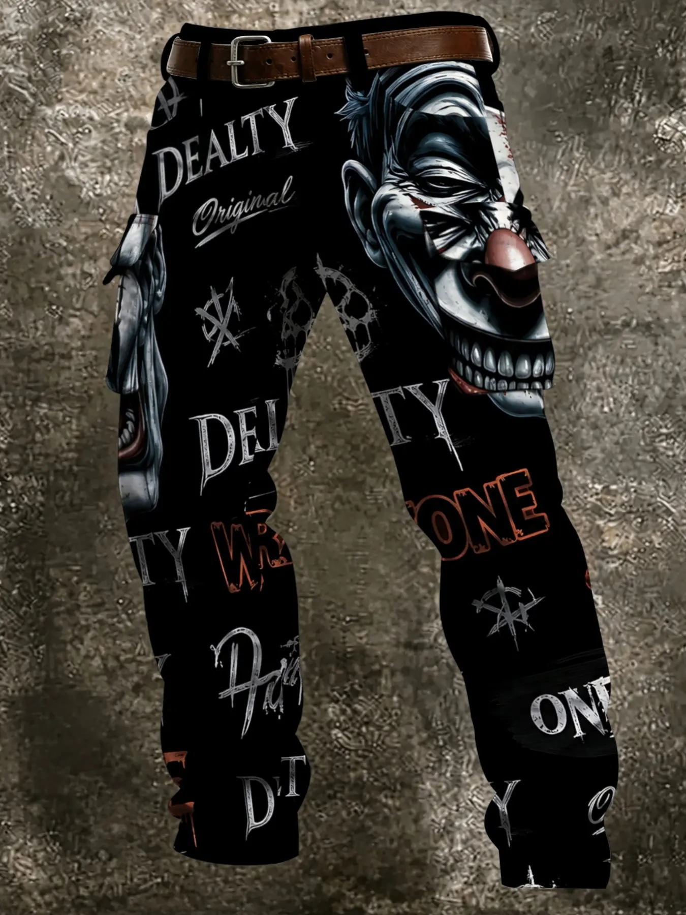 Dark Clown Graffiti Print Work Pants, Graphic Pants, Base Realistic Evil Clown Portrait, Retro English & Thorns Symbol, Dual Side Pockets, Subculture Streetwear