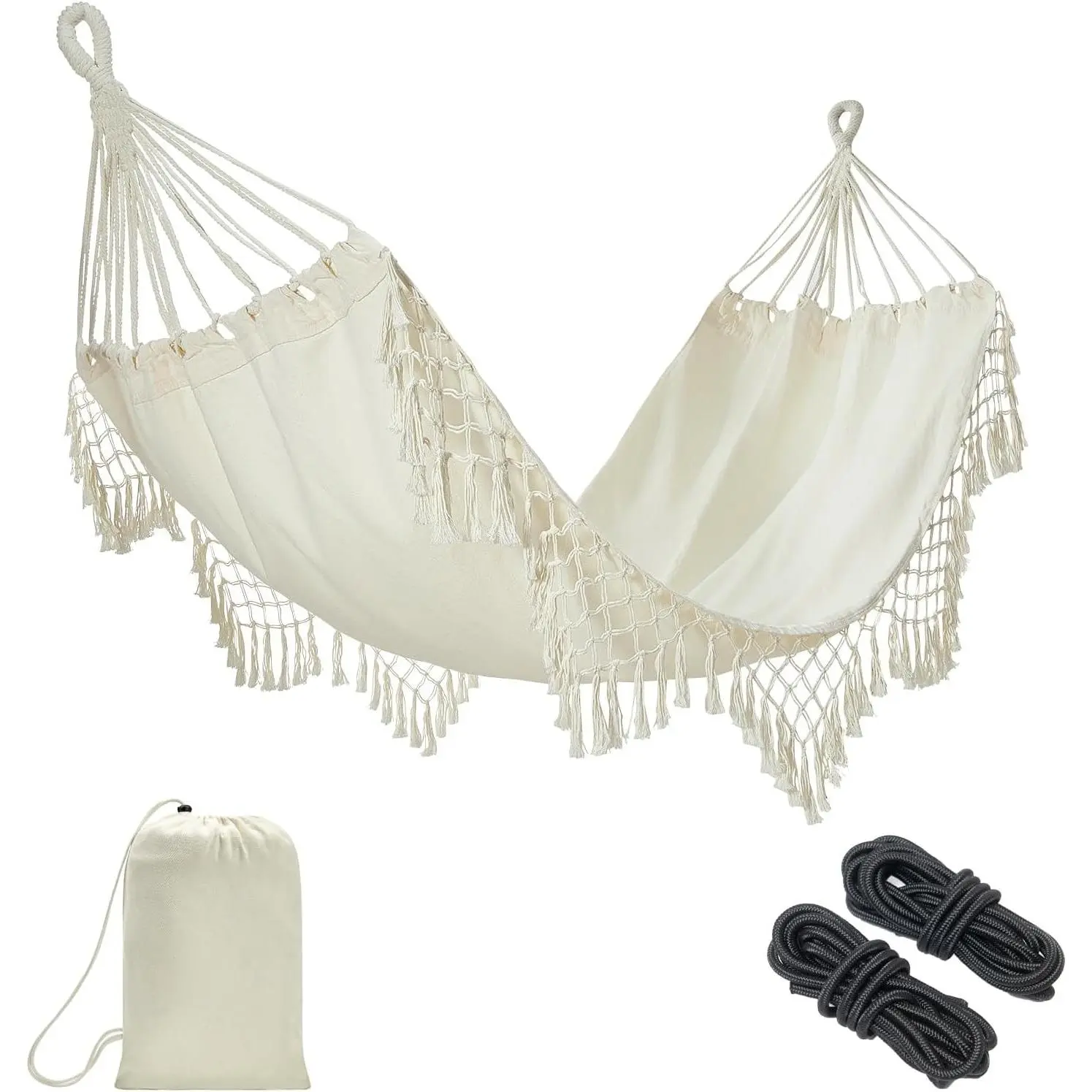 Boho Macrame Single Hammock with Hanging Ropes & Elegant Tassels 78.8x39.4 Portable Cotton Hammock for Patio Backyard Porch 300LBS Weight Capacity Perfect for Outdoor/Indoor - Beige Color
