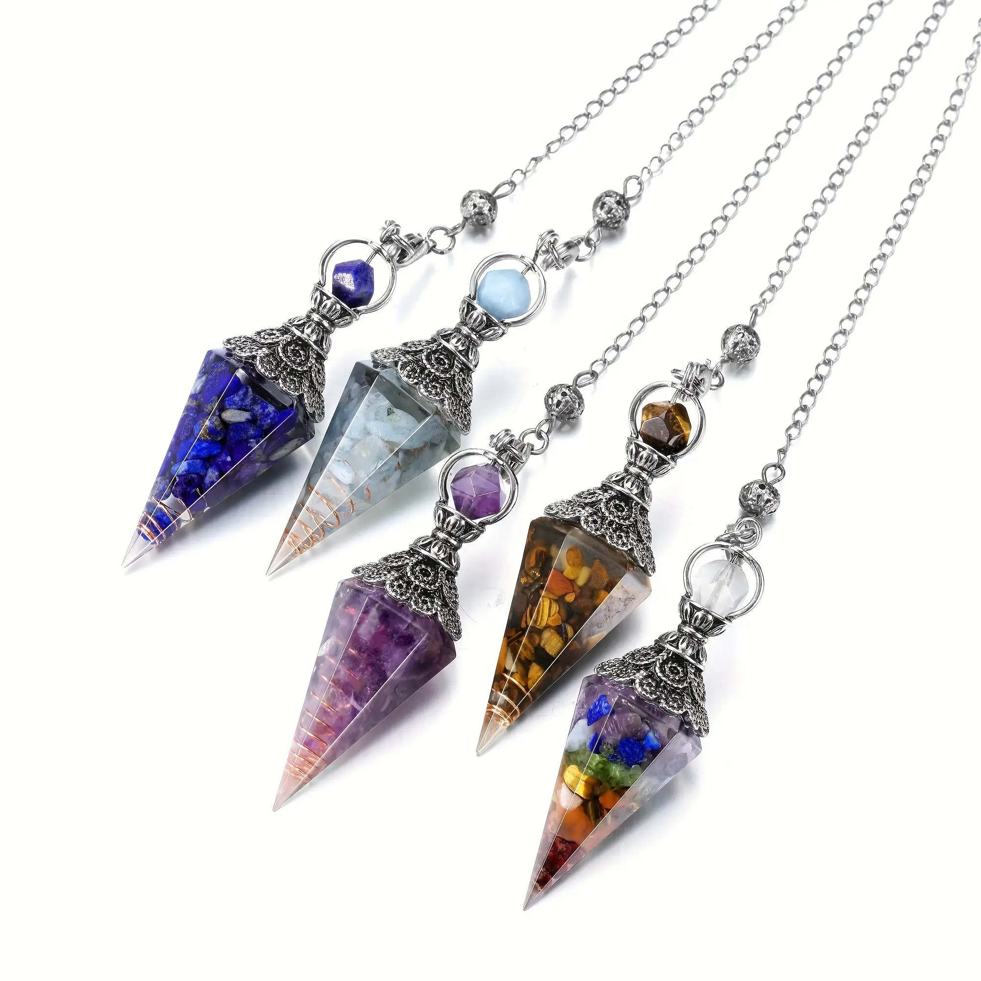 Crystal Pendulum - 6-Faceted Orgone, Natural Chips & Resin Spirit Pendant, for Autumn, Meditation Accessory, Chakra Balancing, Bohemian Jewelry, Handcrafted Pendant, Stone, Orgone Energy, Spiritual Seekers, Energy Healers
