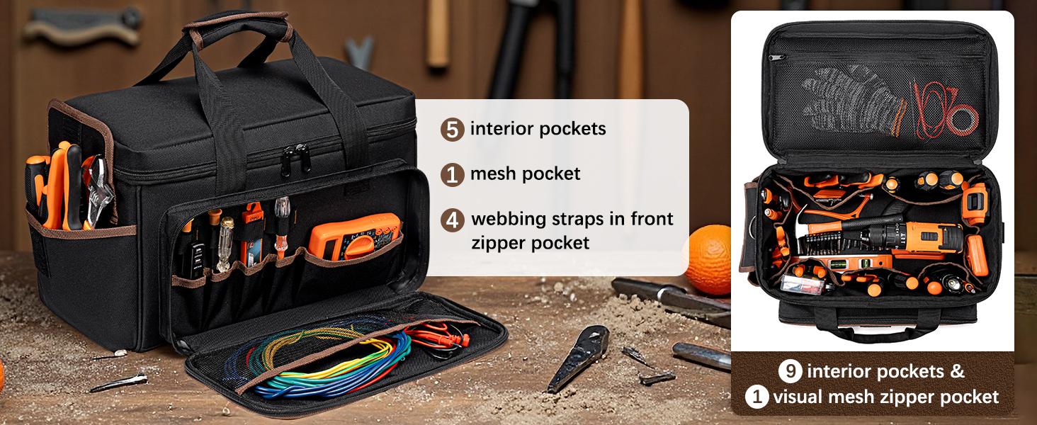 17 Inch for Men, 20 Pockets Tool Bag with Shoulder Strap, Wide Mouth Tool Bag Organizer for Electricians Mechanics Carpenters HVAC