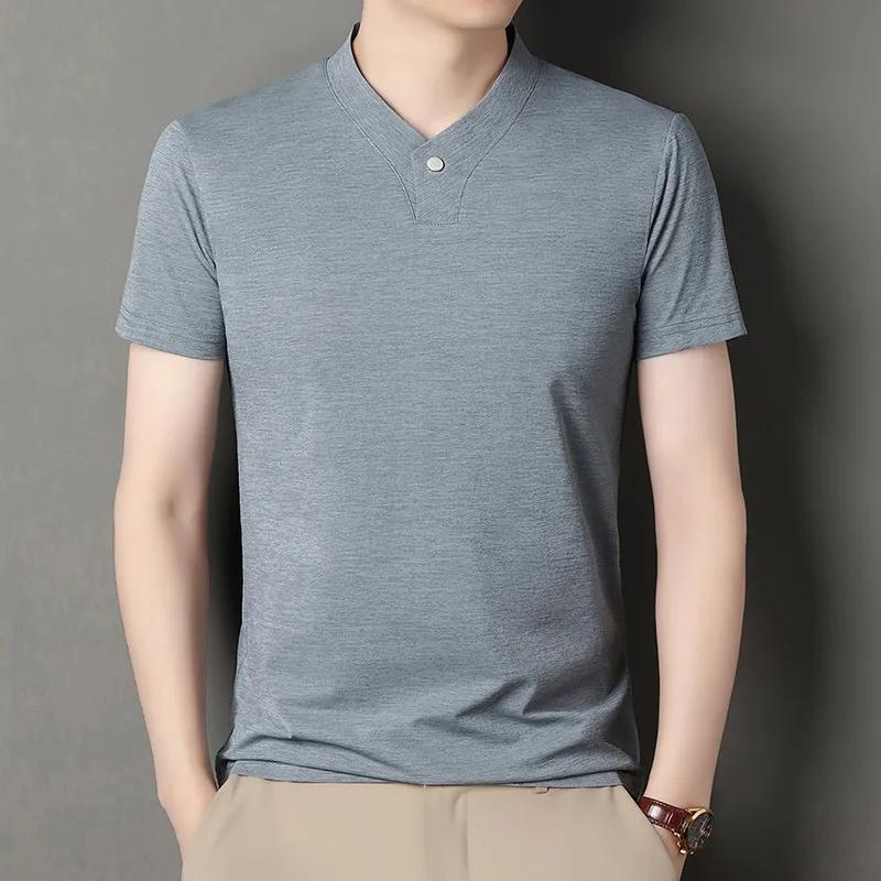 Kyn Apparel 2026 Korean Style Men's Casual and Fashionable One Button V-neck Solid Color Short Sleeved T-shirt Summer Versatile Top