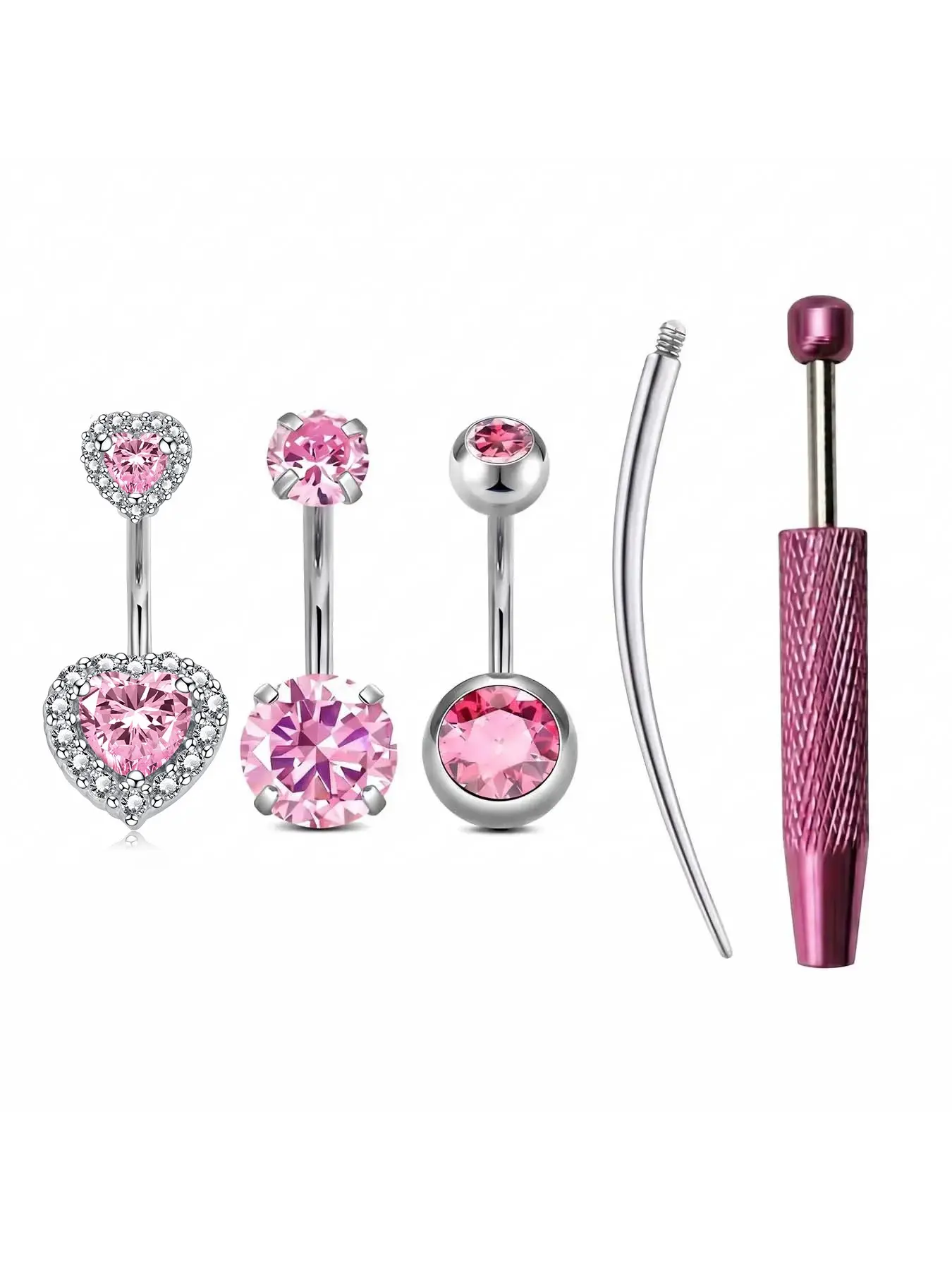 5pcs Set Belly Rings with Crystal Embedded Design, Stainless Steel Hypoallergenic Piercing Kit, Includes Thread Guide & Jewelry Grabber