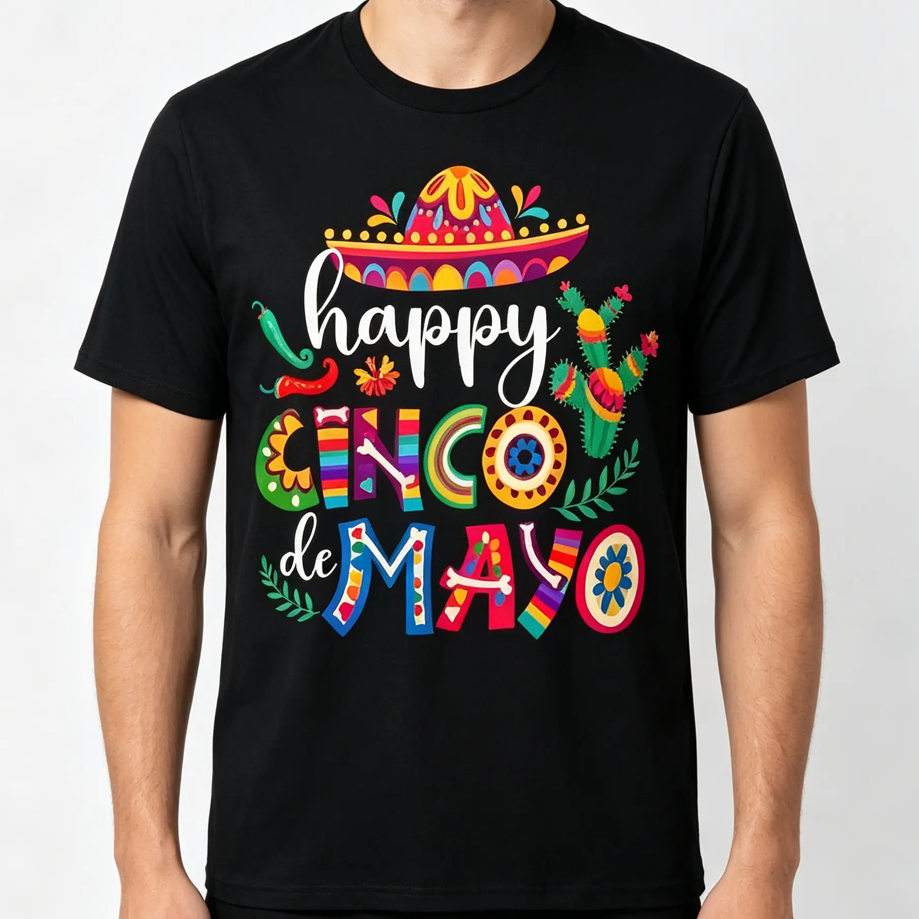 Men's Oversized Printed Casual T-Shirt - Cute Cartoon Vintage Cinco de Mayo Graphic, Short-Sleeve Round Neck Comfortable Streetwear Top (Fitted Options Available)