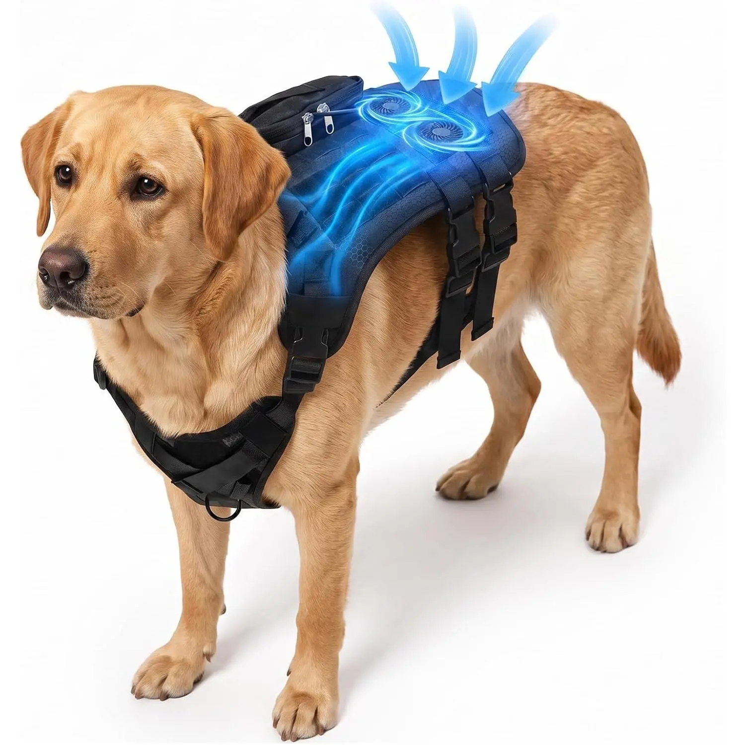 Dog Cooling Vest, Built-in Fan Tactical Harness for Outdoor Heat Relief| 3D Breathable Mesh, Continuous Cooling for Outdoor Activities, Fits Medium Large Dogs, 5V Power Bank Required (Not Included)