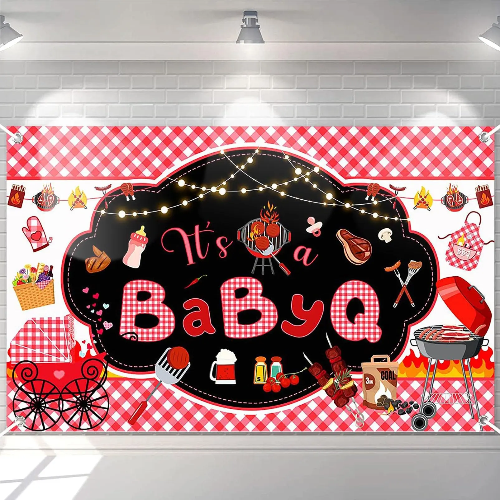 'baby-q' Baby Baptism Background Cloth, BBQ Theme Banner, Baby BBQ Party Decor, Photo Backdrop, Picnic Theme Decoration