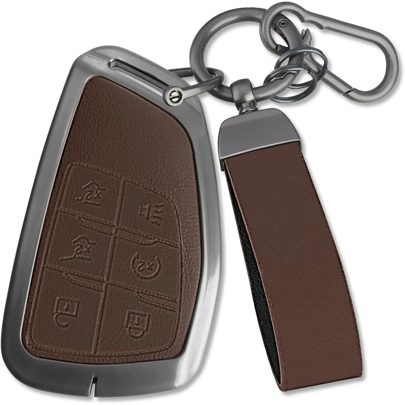 PU Leather Zinc Car Key Fob Cover for Chevy/GMC Keys (2021-2026 Tahoe Suburban, Yukon Denali Silverado) - 6 Button Fit, Precise Cutout, Rigid Frame, Signal Safe, Brown Case Accessory with Screwdriver