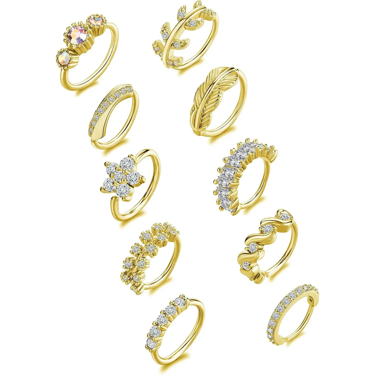 10 count Nose Ring Hoop Paved Flower Leaf  CZ Cartilage Earrings Nose   for Women Men   Rose  Tone 20G