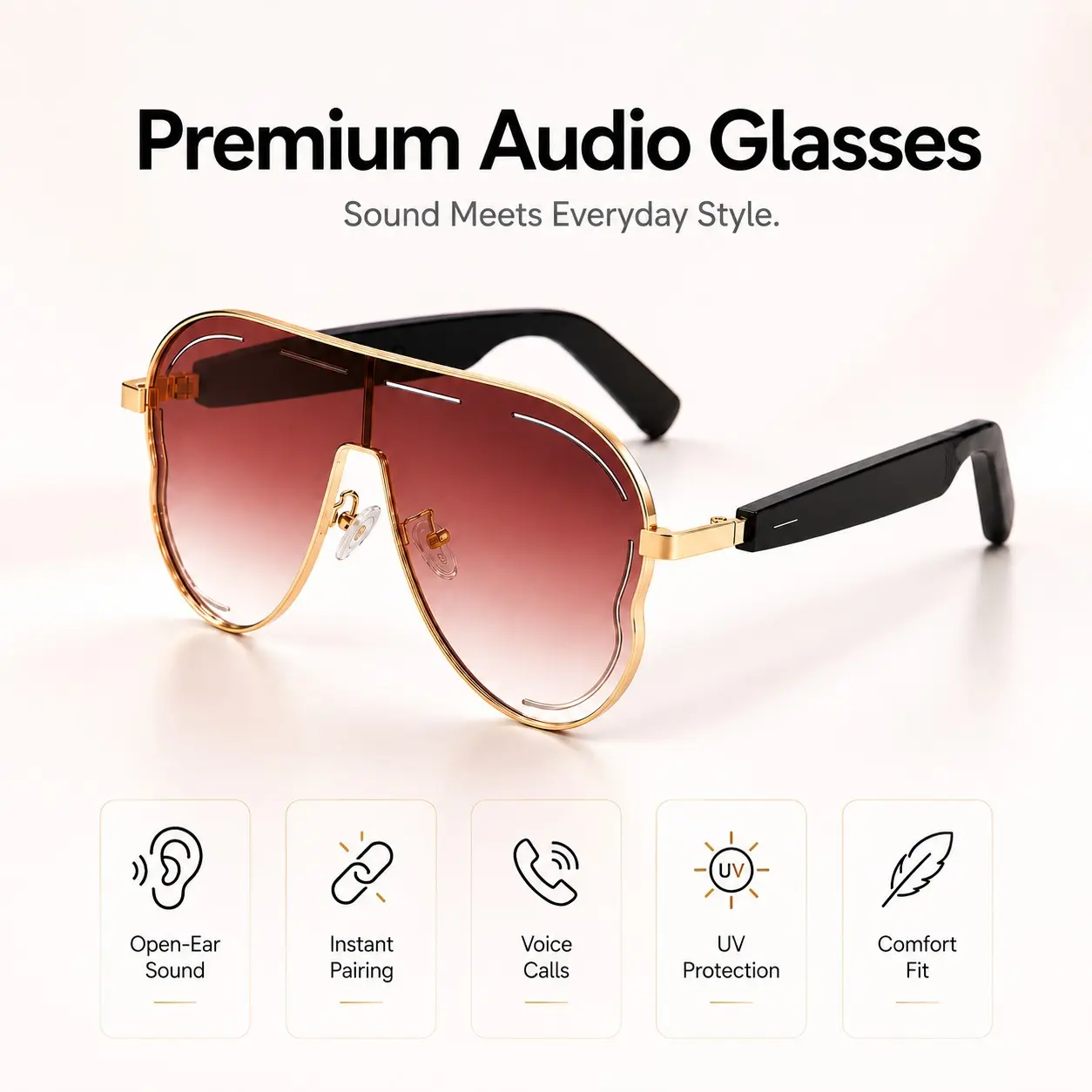 Bluetooth Audio Sunglasses with Open-Ear Speakers, Built in Mic, Hands-Free Calls, Touch Control and Voice Assistant, UV400 Smart Glasses for Travel Hiking Cycling and Daily Use