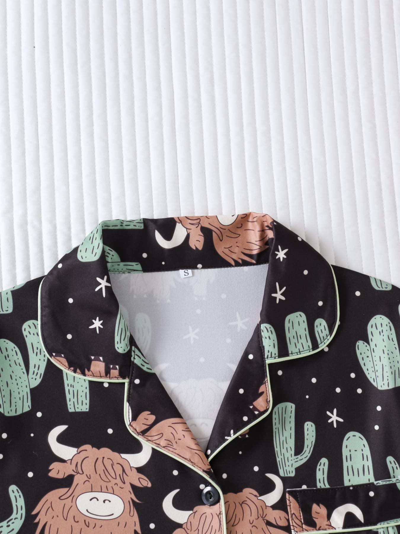 Women's Leopard Print Button Front Pocket Shirt & Pants Pyjama Two-piece Set, Elegant Comfy Long Sleeve Top & Trousers PJ Set, Ladies Sleepwear for All Seasons, Pajama Set