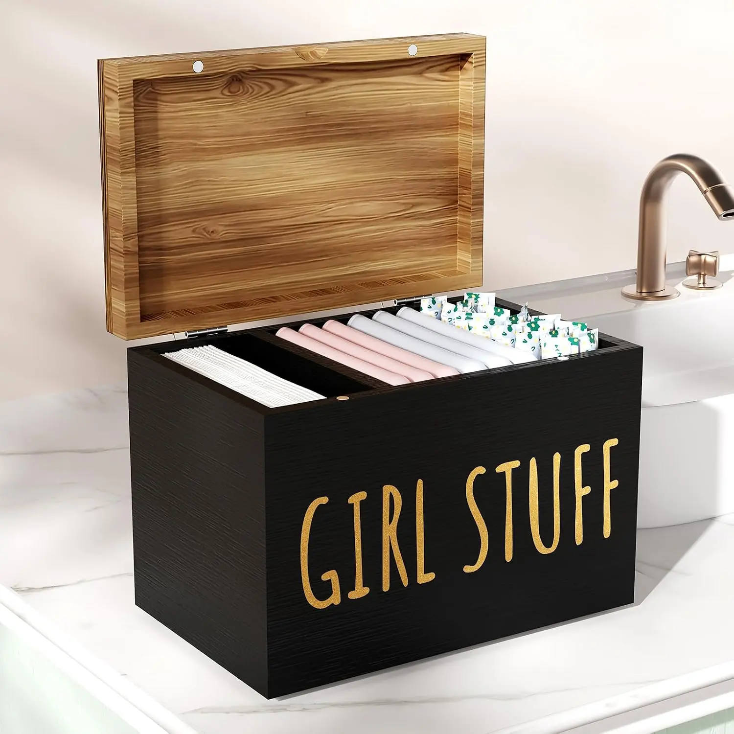 Wooden Tampon Holder, Matte Black, Hinged Lid Organizer |  Week Period Box, Pad Holder for Bathroom, Tampon Storage, Feminine Product Organizer, Stylish Girl Stuff Box