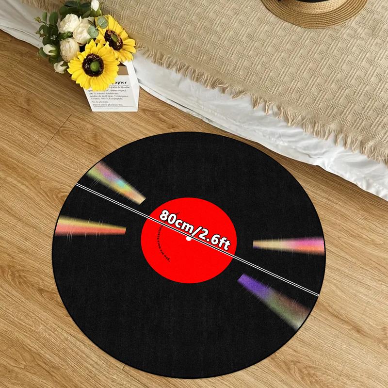 Vinyl Record Pattern Round Decorative Area Rug, Non-slip Washable Floor Mat, Soft Floor Carpet for Home Living Room Bedroom Game Room Decor, Vintage Printed Rugs