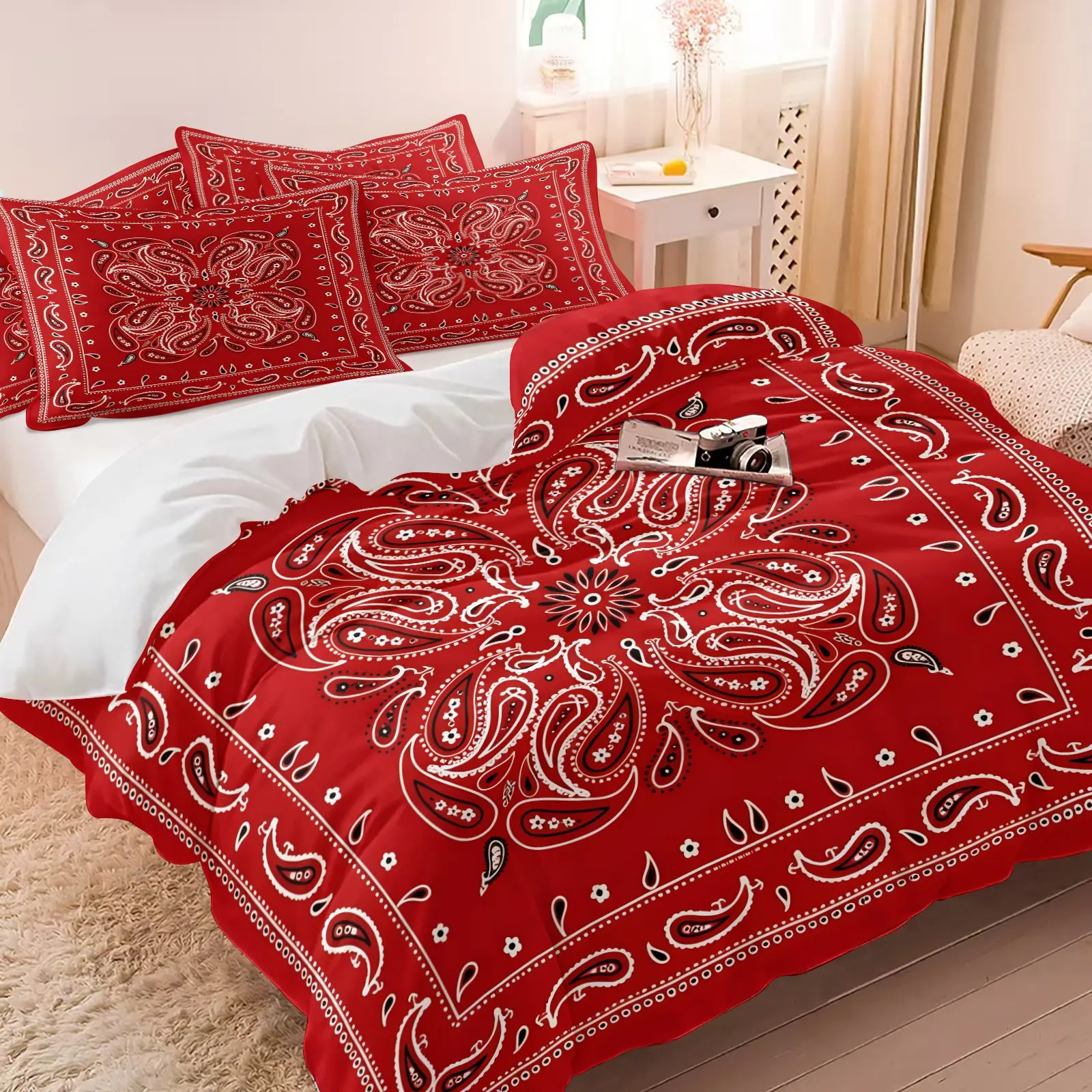 Red Square Border Paisley Bandana Duvet Cover Set (1 Duvet Cover + 1-2 Pillowcases), Soft Skin Friendly Breathable Bed Linen, Retro Square Paisley Pattern with HD Digital Printing Bedding, Vintage Aesthetic Bedroom Home Decor