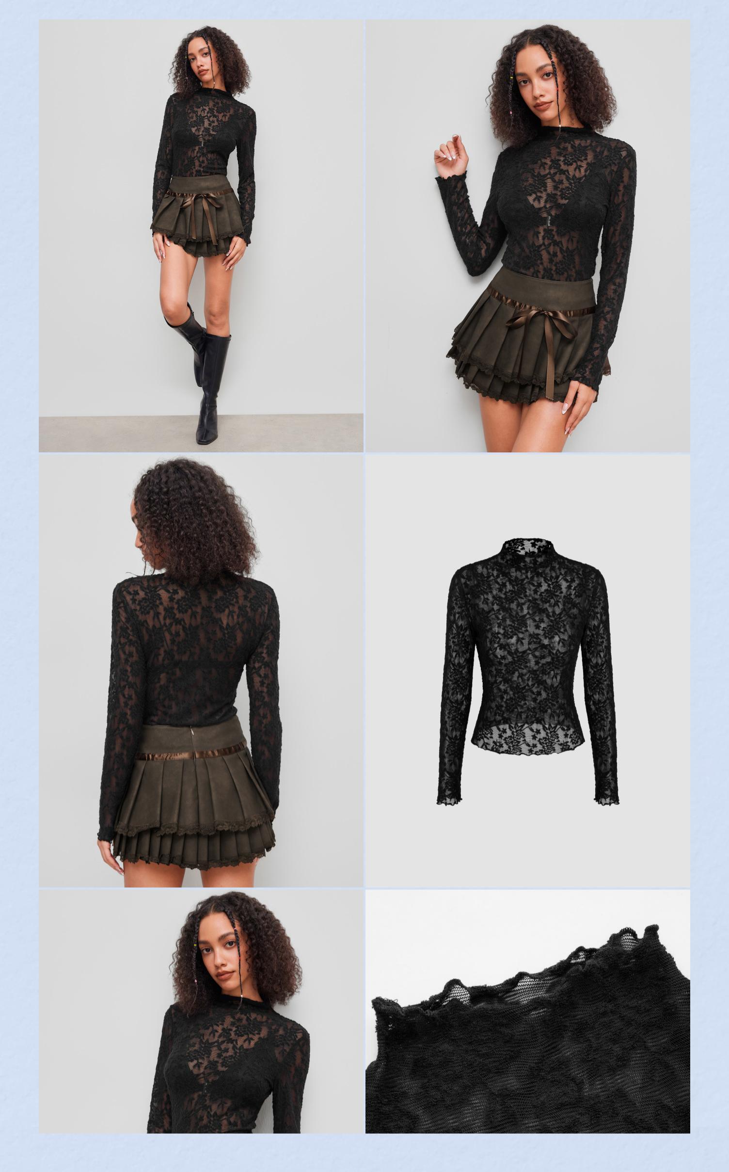 Cider [2 colors, size 0-10] Lace High Neck Lettuce Trim Long Sleeve Top