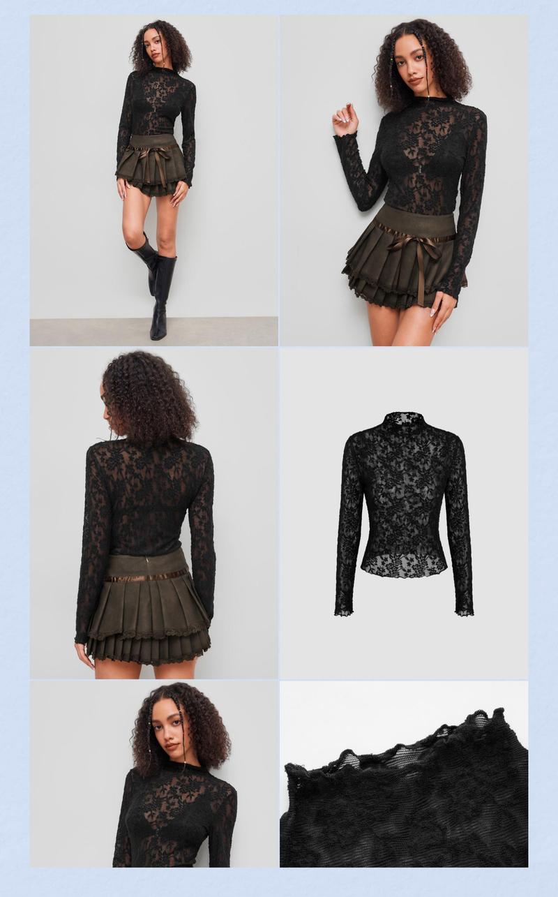 Cider [2 colors, size 0-10] Lace High Neck Lettuce Trim Long Sleeve Top