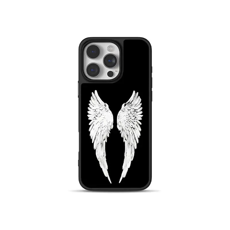 Dark Minimalist Realistic Pure White Angel Wings Phone Case for use with iphone 17 air 16 pro max 15 pro 14 13/12/11 design phone cases for iphone Skin-touch 2-in-1 Bright White Glass Case phone case for girlies and boys aesthetic holographic phone case