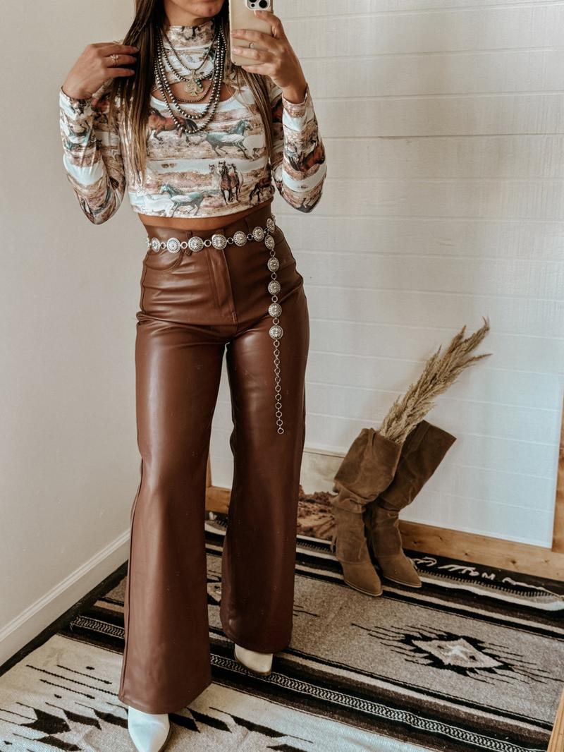 Women's Horse Print Cut Out Mock Neck Tee, Casual Long Sleeve Crop T-Shirt for Spring & Fall, Women's Top for Daily Wear, Womenswear