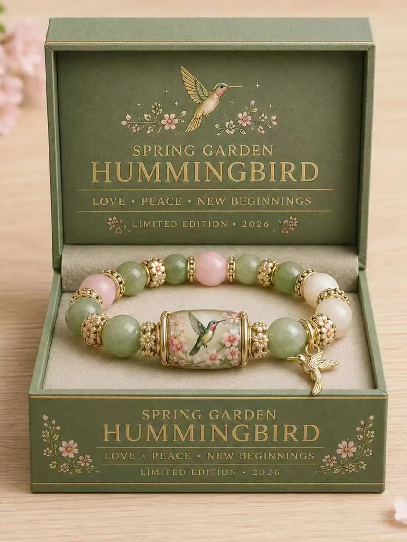 Spring Garden Hummingbird Bead Bracelet with Gift Box, Elastic Charm Bracelet, Beaded Bracelet, Love and Peace Jewelry Gift, Perfect Choice for Her