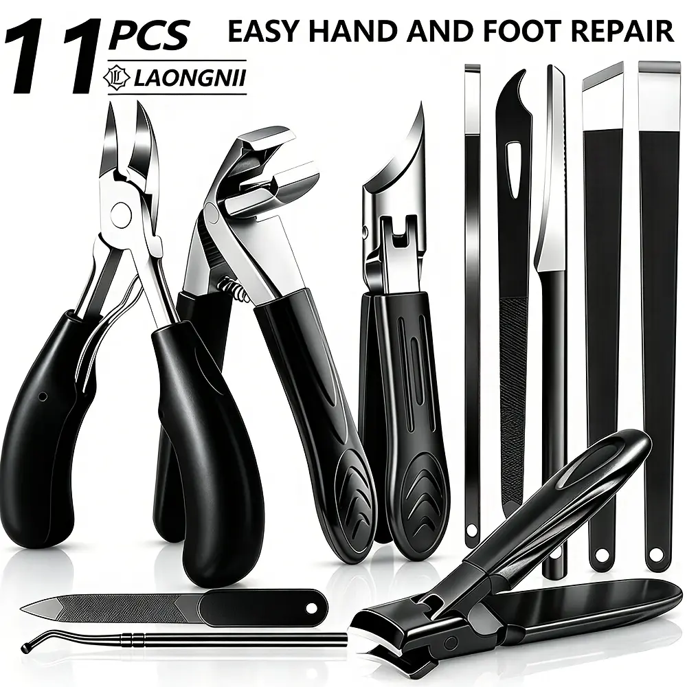 11PCS Professional Stainless Steel Toenail Clipper Set - Heavy-Duty Wide Jaw Clippers for Thick, Ingrown Toenails, Pedicure Tools for Men, Seniors