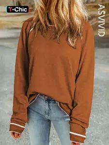 Women's Plain Contrast Binding Waffle Knit Top, Casual Raglan Sleeve Round Neck Top for Fall & Winter, Fashion Ladies' Knitwear for Daily Wear, Dressy Casual Tops