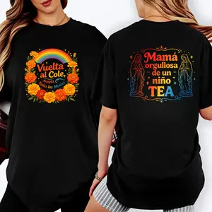 100% Cotton Lightweight Mom Tops Double Sided Print Rainbow Marigold Flowers Virgin Mary Design Autism Awareness Anniversary Dream Gift for Proud Moms of Autistic Boys Premium Fabric T-Shirt