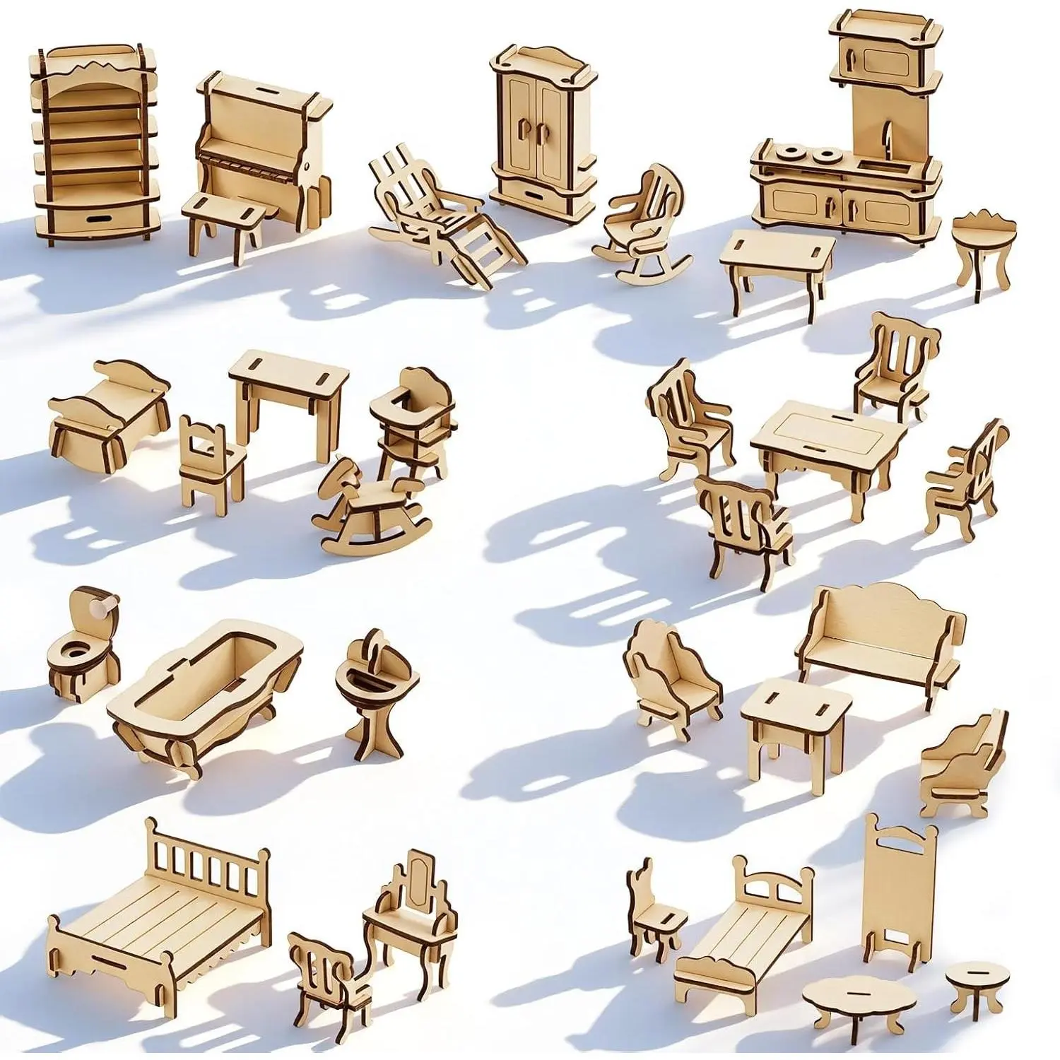 34 PCS DIY Wooden Dollhouse Furniture Set, 1:24 Scale Miniature Room Accessories for Kitchen Living Room Bathroom for DIY Crafts Project, Glue-Free, Paintable, Scale 1:20