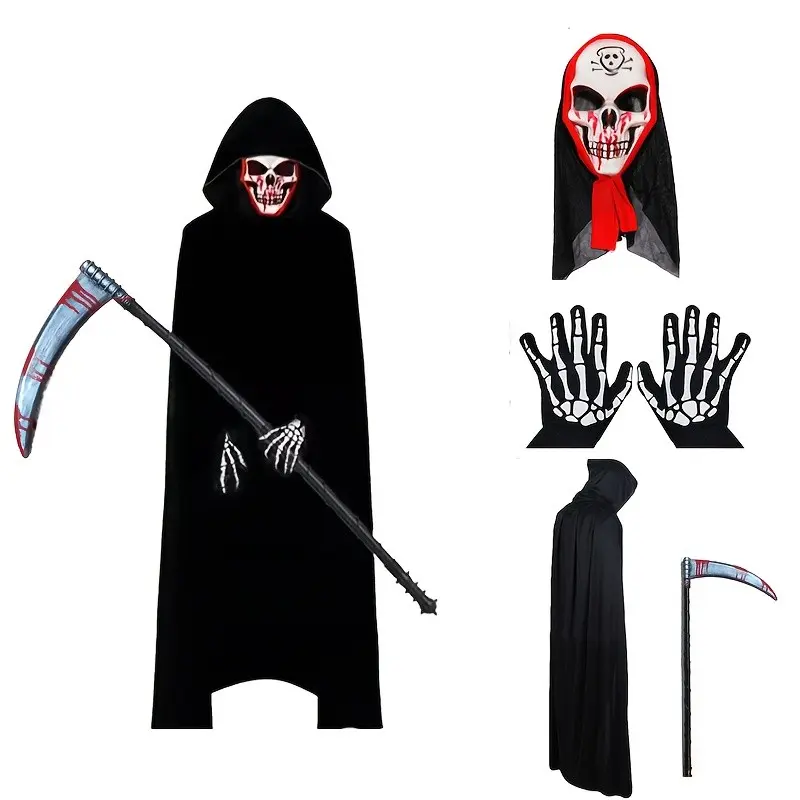 Halloween Grim Reaper Costume Set for Teens and Adults, Hooded Cloak, Bloody Mask, Glow Skull Gloves, Wicker Scythe Props
