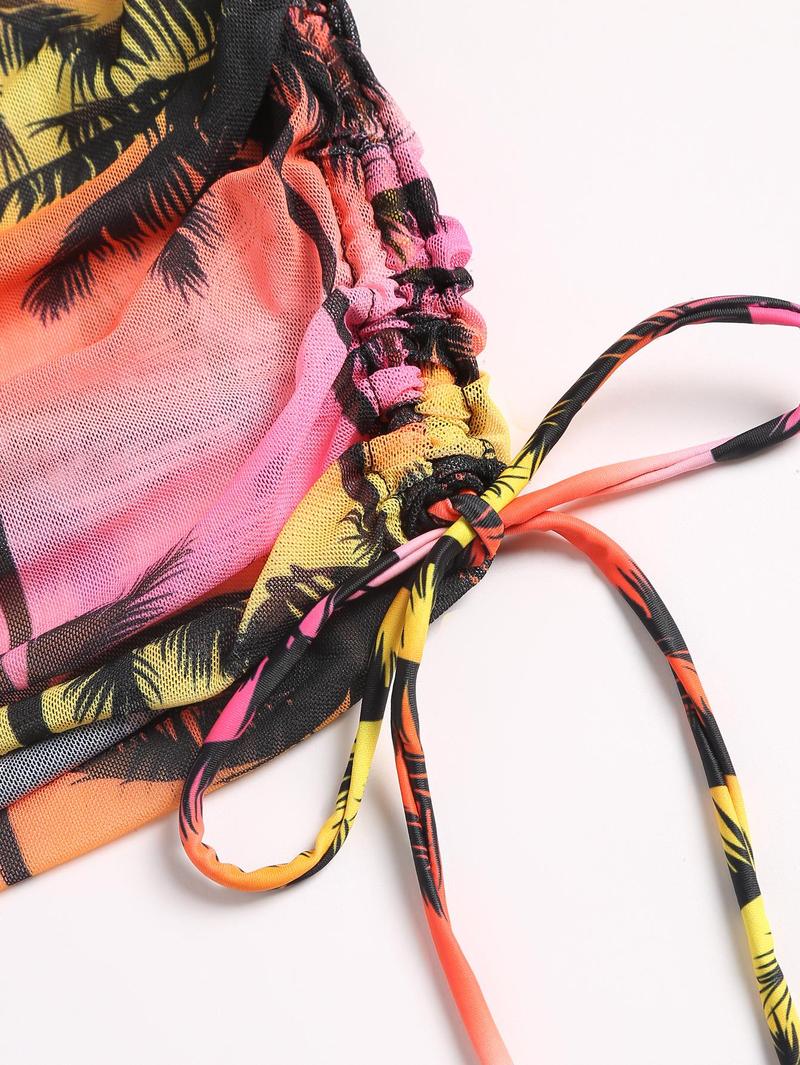 Women's Vacation Palm Tree Printed Halter Bikini Set With Tie Strings And Matching Bikini Set Cover-Up Skirt, Random Print, 4pcs/Set Summer Beach