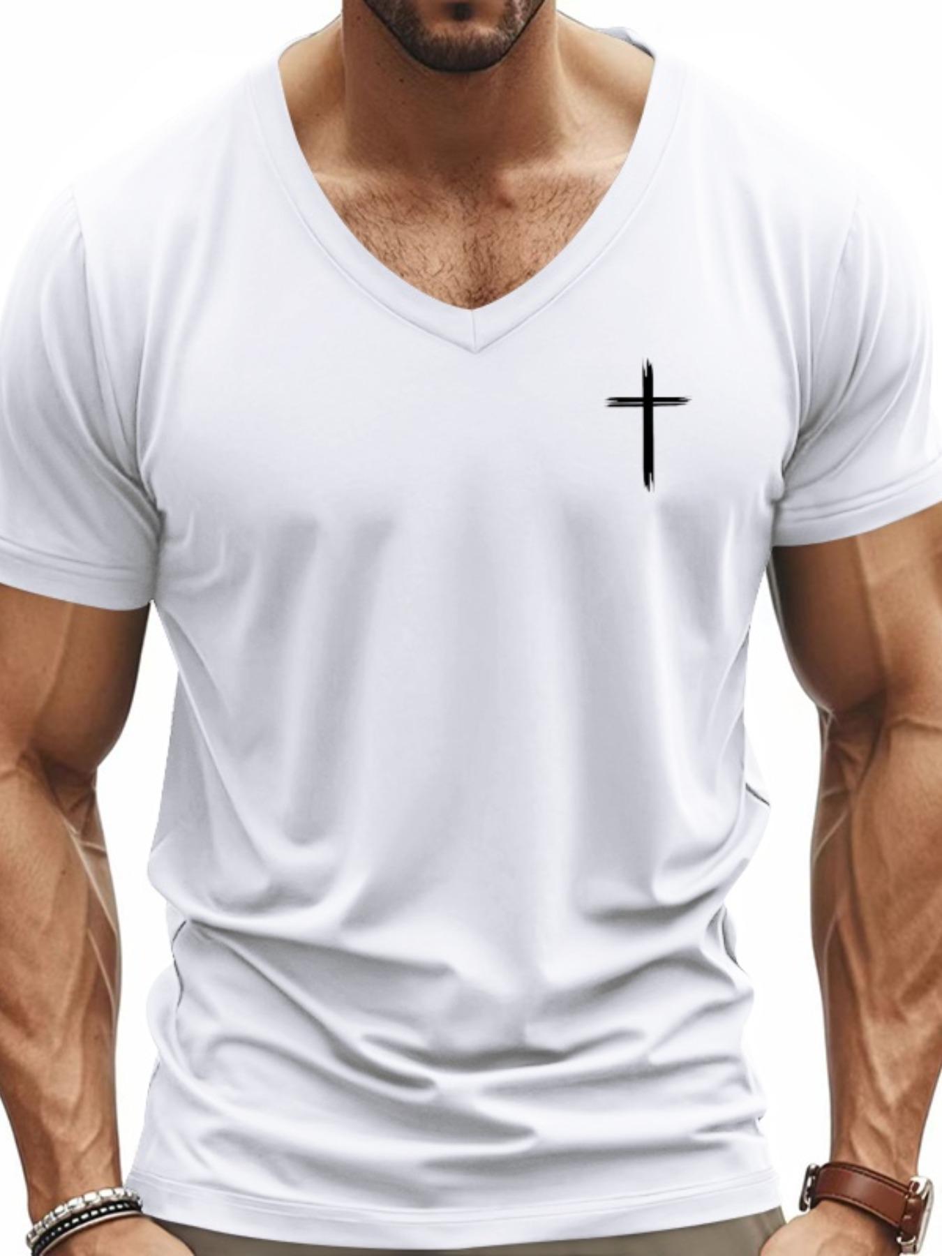 Men's Cross Print V Neck Tee, Regular Fit Casual Short Sleeve T-shirt for Summer, Men's Top for Daily Wear, Gym Tees, Gym Workout Shirt