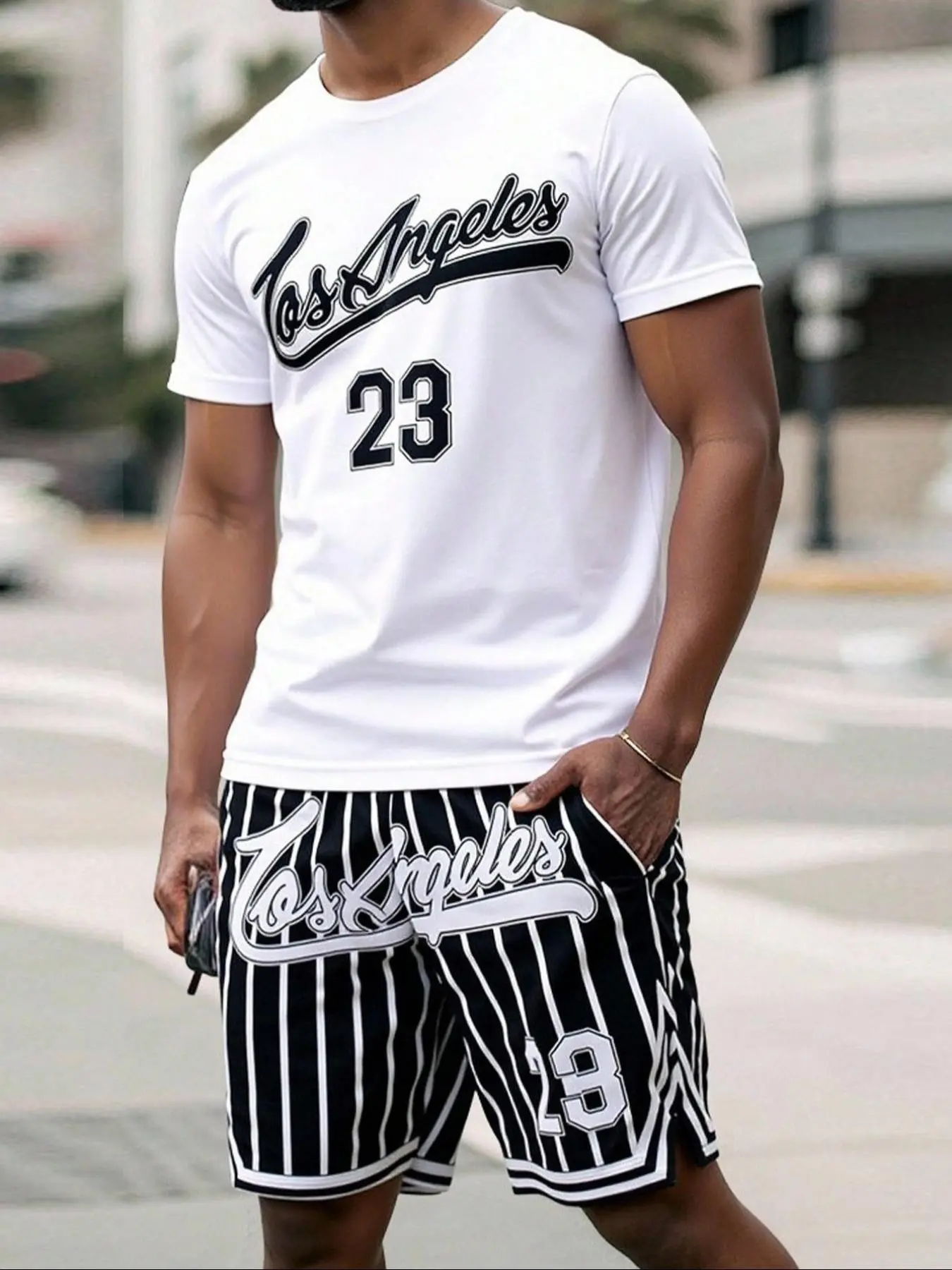 Men's Basketball Style Two-Piece Set, Round Neck Short Sleeve T-Shirt with Vertical Stripe Gym Shorts, Comfortable and Breathable