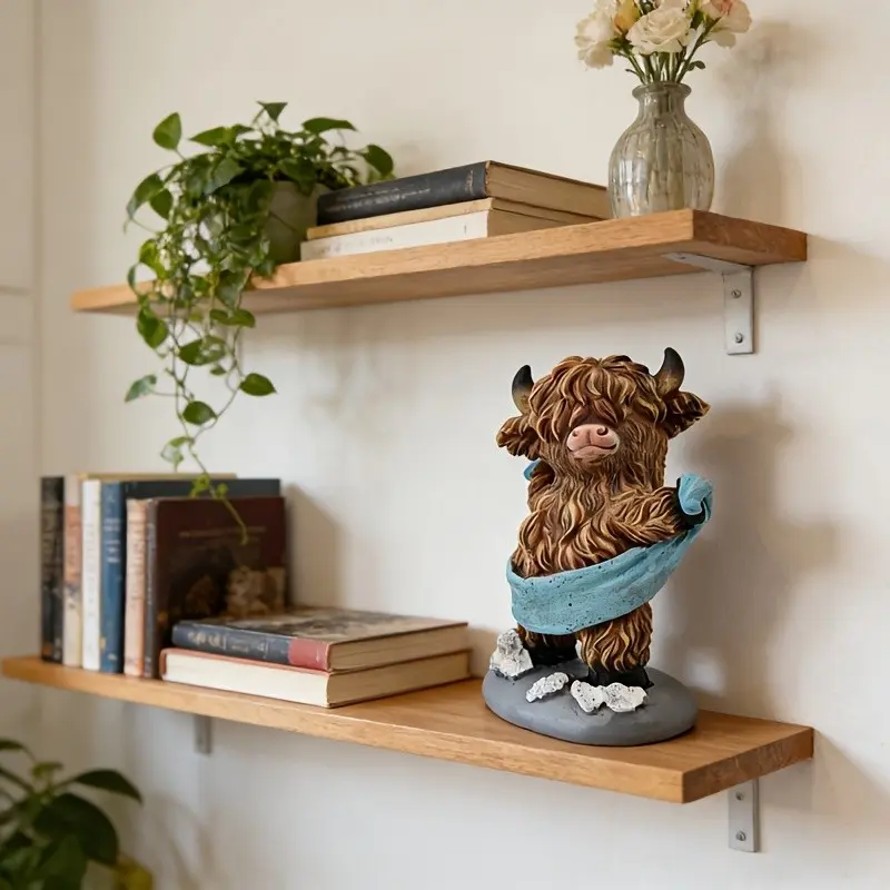 Highland Cow Figurine with Cute Blue Scarf Resin Decoration, Perfect for Living Room, Coffee Table, Bookshelf, Ideal Gift for Moving or Birthday