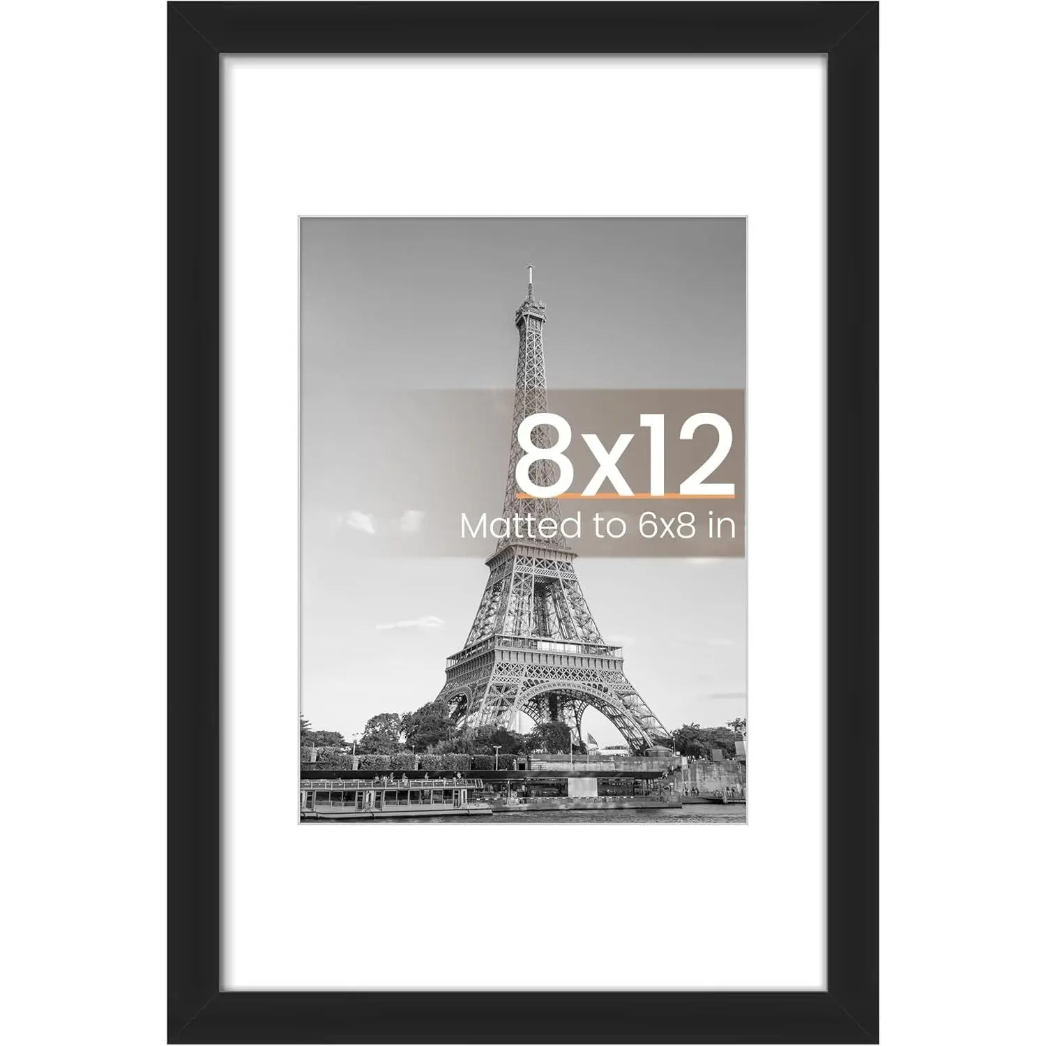 8x12 Picture Frame, Display Pictures 6x8 with Mat or 8x12 Without, Wall Hanging Photo Frames, Black, 1 Pack