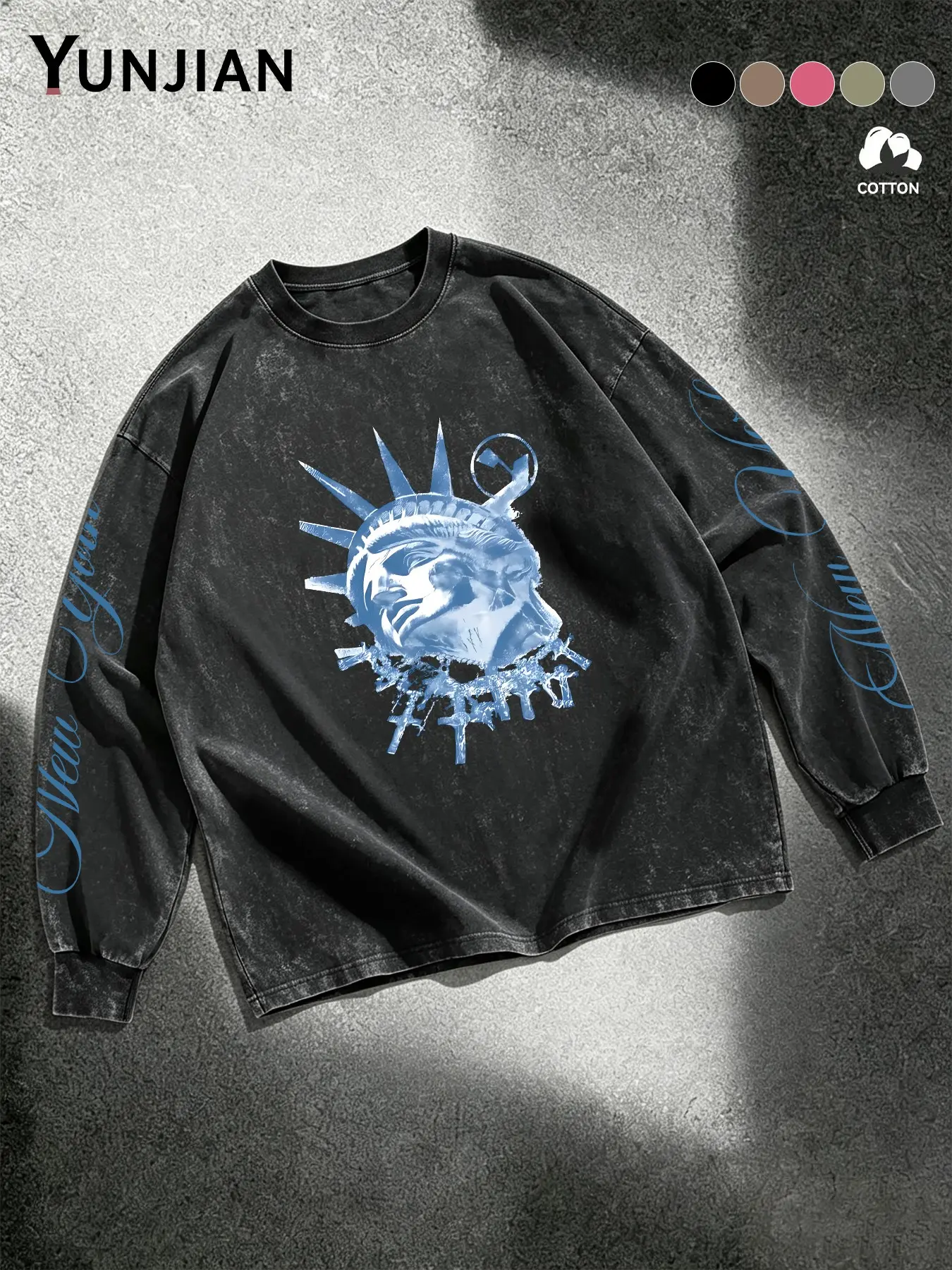 100% Cotton Washed Loose-Fit Long Sleeve Sweatshirt, Graphic Print, Casual Fall Fashion, Soft Breathable, Streetwear Style