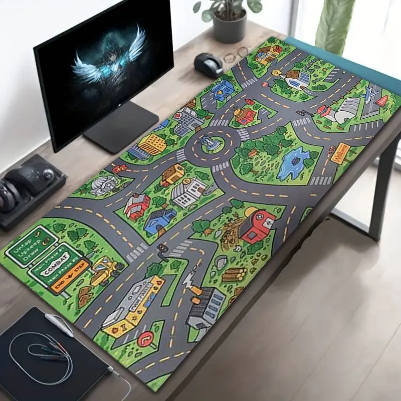 Silica Gel Mouse Pad, Cartoon Town Traffic Map Large Size, Non-Slip Rubber Base, Washable and Durable, Ideal for Gamers, Office, School, Home Decor, Desktop Accessory