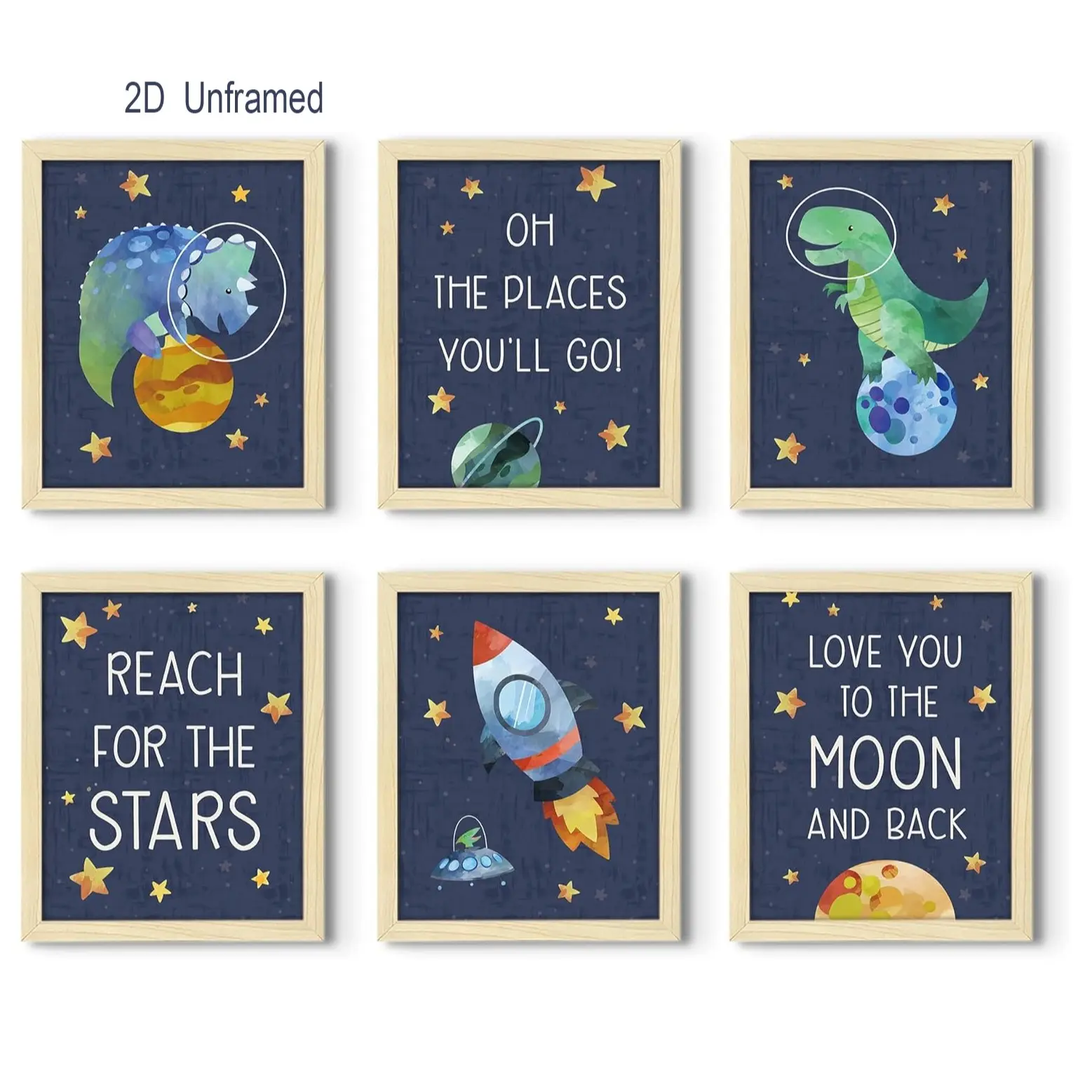Set of 6, Space Dinosaur Wall Art, Children's Room Wall Decoration (Suitable for Boys' Rooms), Dinosaur and Space Adventure-Themed Art, Ideal for Bedrooms, Playrooms, and Baby Christening Parties, Frameless 2D Canvas Prints, Unframed Wall Art