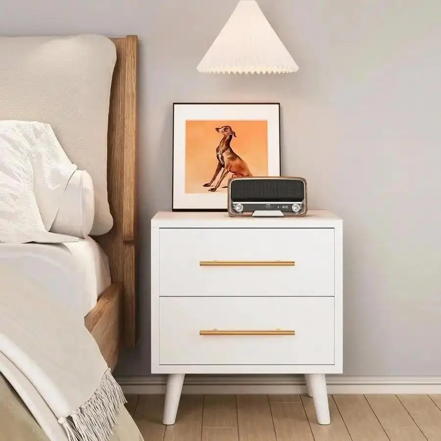 Modern Rectangular Nightstand - 2 Wood Drawers, Metal Handles, Inlaid Marble, Bedroom Bedside Table, Dining Room Mirrored End Table