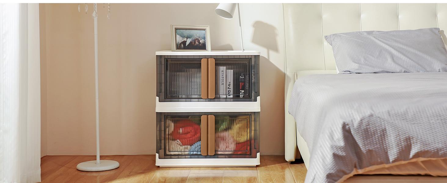 300QT Plastic Storage Bins With Lids, 75Gal Stackable Boxes With Wheels and Doors, Folding Closet Organizers, Cabinet for Closet Home Dorm, 3 Pack Brown