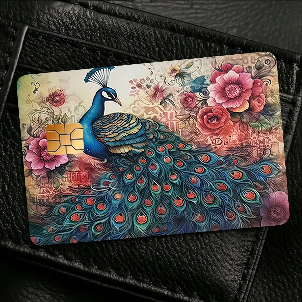 2 sheets Vintage Peacock Floral Bank Card Stickers, Blue Peacock with Rose and Magnolia, Waterproof, Fingerprint Resistant, Enhances Card Aesthetics
