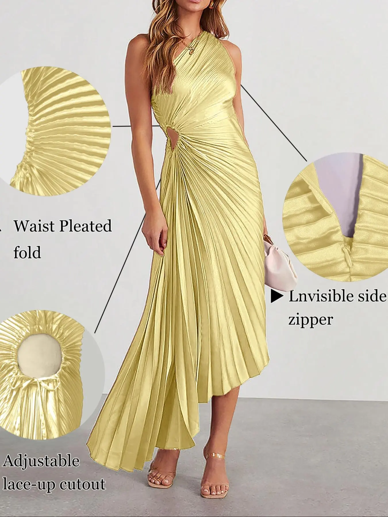 Women's Solid Color Pleated Maxi Dress One Shoulder Asymmetrical Neck Side Waist Cutout Accordion Pleats Full Skirt Satin Fabric Sleeveless A Line High Waist Draped Design Cocktail, Evening Party Dresses, Formal Wear Dress