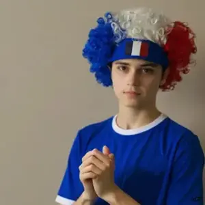 2-Piece France Tricolor Fan Costume Accessory Set, Blue White Red Fluffy Afro Curly Wig With French Flag Headband & France Flag Print Sunglasses, Adult Cheer Kit For National Themed Parties & France Victory Celebrations