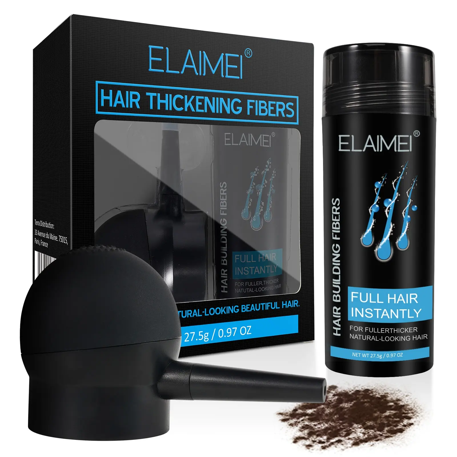 Elaimei Hair Fiber + Spray Head Set (dark ), Natural Look, Fine Nozzle Design, Easy to Use, Men's Gift Set