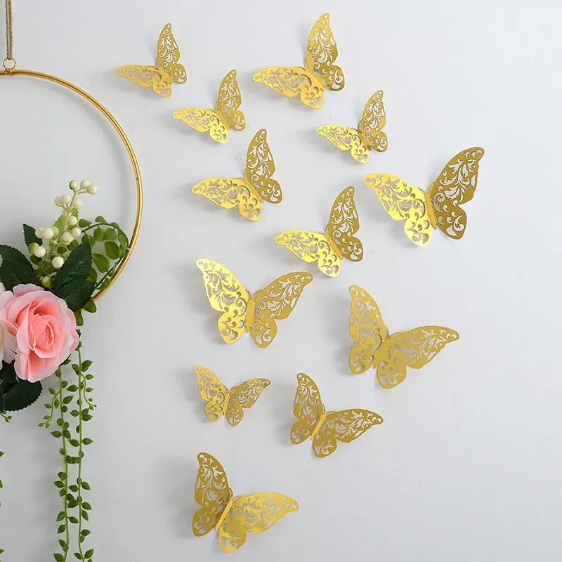 Three-dimensional hollow butterfly wall sticker, Decorative Sticker - a bright metal texture wall decoration, Home Decor, adding highlights to the balloon arrangement in the living room