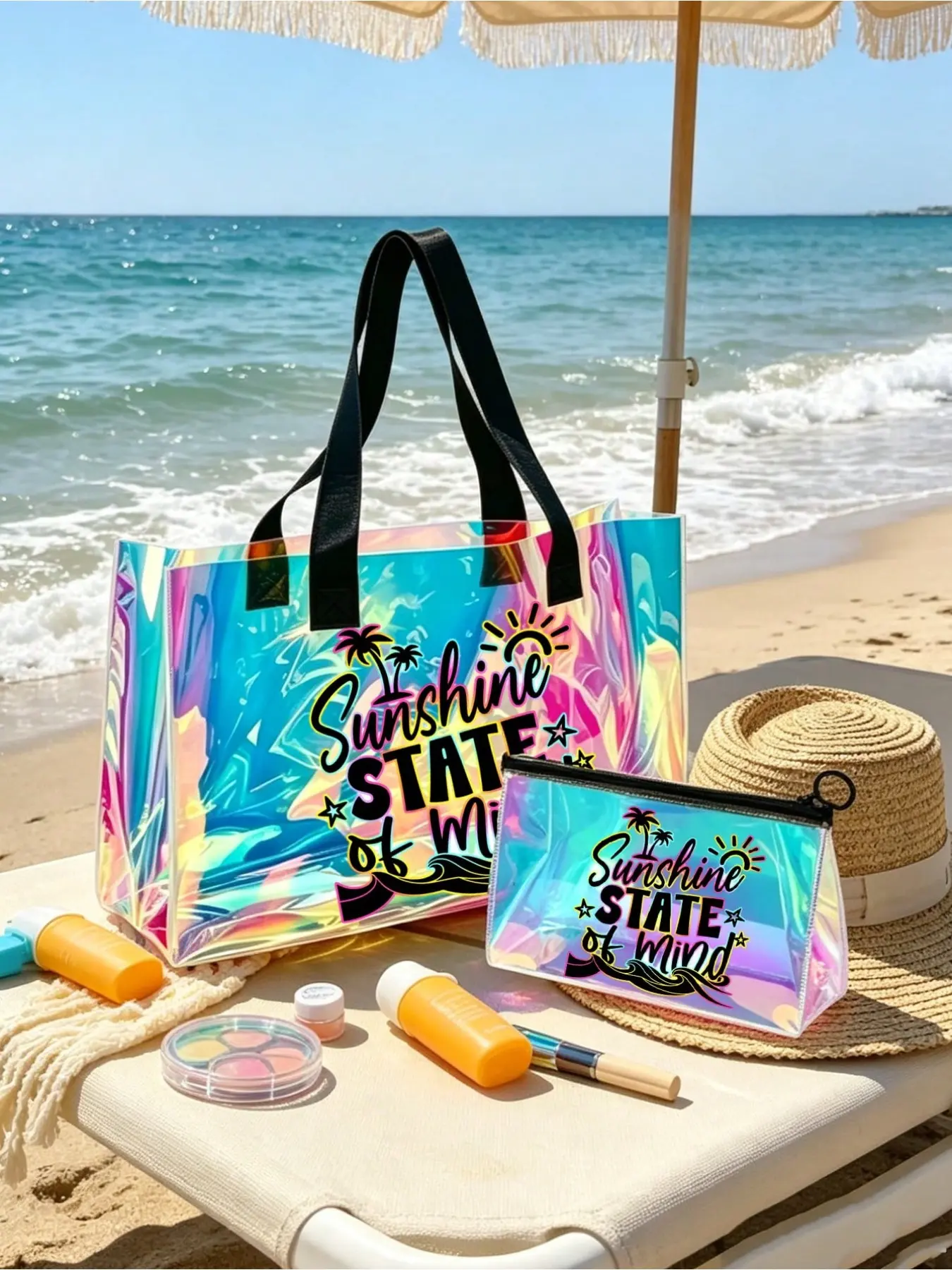 Holographic transparent tote with flamingo & sunshine print, waterproof sand-proof large capacity for swimwear and cosmetics. Suitable for beach & daily use, works as shoulder/shopping/gift bag, great for vacation, back-to-school & Easter gifts.